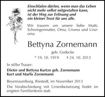 Traueranzeige von Bettyna Zornemann von Mitteldeutsche Zeitung Sangerhausen