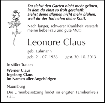 Traueranzeige von Leonore Claus von Mitteldeutsche Zeitung Naumburg/Nebra