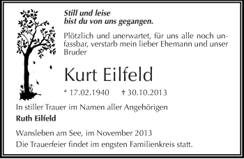 Traueranzeige von Kurt Eilfeld von Mitteldeutsche Zeitung Mansfelder Land