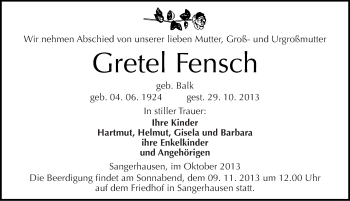 Traueranzeige von Gretel Fensch von Mitteldeutsche Zeitung Sangerhausen