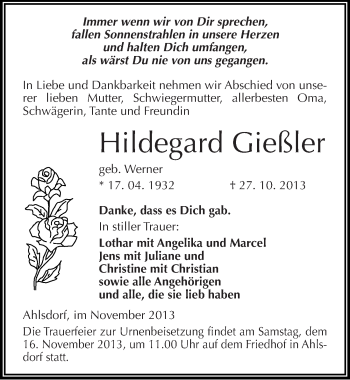 Traueranzeige von Hildegard Gießler von Mitteldeutsche Zeitung Mansfelder Land