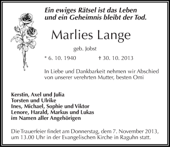 Traueranzeige von Marlies Lange von Mitteldeutsche Zeitung Bitterfeld