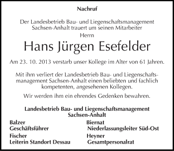 Traueranzeige von Hans Jürgen Esefelder von Mitteldeutsche Zeitung Dessau-Roßlau
