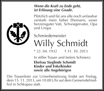 Traueranzeige von Willy Schmidt von Mitteldeutsche Zeitung Merseburg/Querfurt