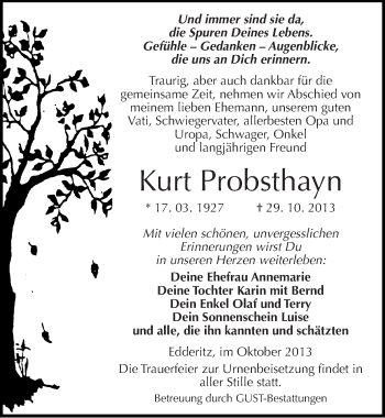 Traueranzeige von Kurt Probsthayn von Mitteldeutsche Zeitung Köthen