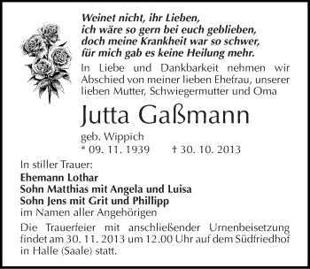 Traueranzeige von Jutta Gaßmann von Mitteldeutsche Zeitung Halle/Saalkreis