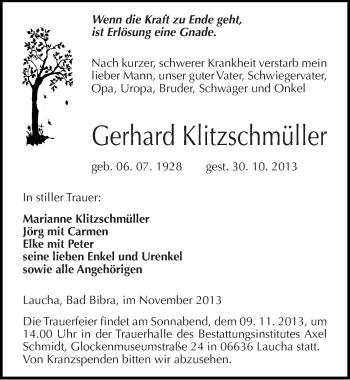 Traueranzeige von Gerhard Klitzschmüller von Mitteldeutsche Zeitung Naumburg/Nebra