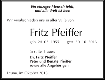 Traueranzeige von Fritz Pfeiffer von Mitteldeutsche Zeitung Merseburg/Querfurt