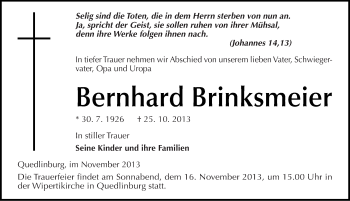 Traueranzeige von Bernhard Brinksmeier von Mitteldeutsche Zeitung Quedlinburg