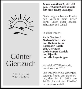 Traueranzeige von Günter Giertzuch von Mitteldeutsche Zeitung Mansfelder Land