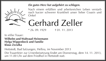 Traueranzeige von Gerhard Zeller von Mitteldeutsche Zeitung Mansfelder Land
