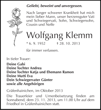 Traueranzeige von Wolfgang Klemm von Mitteldeutsche Zeitung Wittenberg