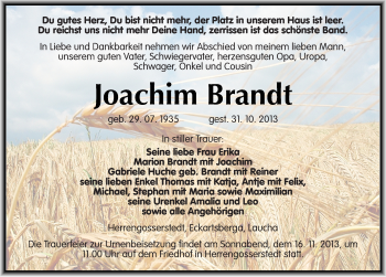 Traueranzeige von Joachim Brandt von Mitteldeutsche Zeitung Naumburg/Nebra