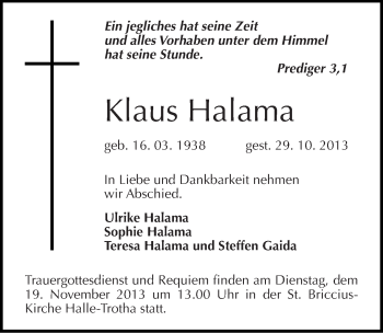 Traueranzeige von Klaus Halama von Mitteldeutsche Zeitung Halle/Saalkreis