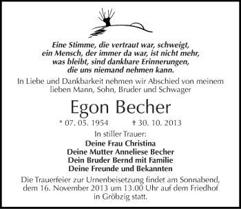 Traueranzeige von Egon Becher von Mitteldeutsche Zeitung Halle/Saalkreis