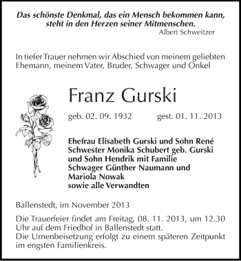 Traueranzeige von Franz Gurski von Mitteldeutsche Zeitung Quedlinburg