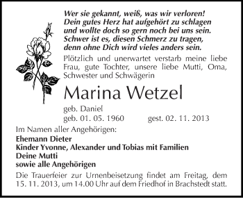 Traueranzeige von Marina Wetzel von Mitteldeutsche Zeitung Halle/Saalkreis