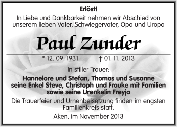 Traueranzeige von Paul Zunder von Mitteldeutsche Zeitung Köthen
