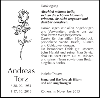 Traueranzeige von Andreas Torz von Mitteldeutsche Zeitung Köthen