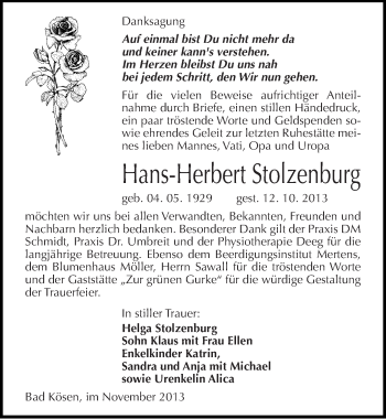 Traueranzeige von Hans-Herbert Stolzenburg von Mitteldeutsche Zeitung Naumburg/Nebra