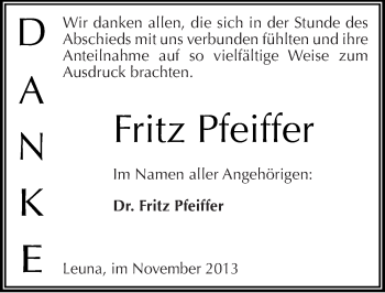 Traueranzeige von Fritz Pfeiffer von Mitteldeutsche Zeitung Merseburg/Querfurt