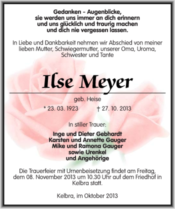 Traueranzeige von Ilse Meyer von Mitteldeutsche Zeitung Sangerhausen
