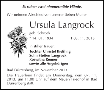 Traueranzeige von Ursula Langrock von Mitteldeutsche Zeitung Merseburg/Querfurt
