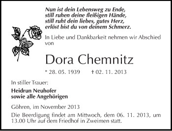 Traueranzeige von Dora Chemnitz von Mitteldeutsche Zeitung Merseburg/Querfurt