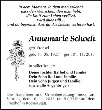 Traueranzeige von Annemarie Schoch von Mitteldeutsche Zeitung Köthen