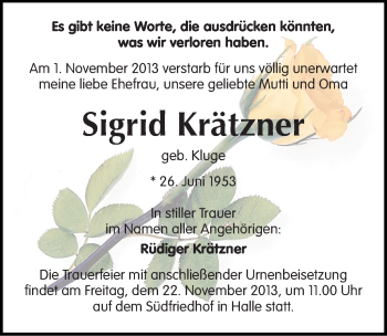 Traueranzeige von Sigrid Krätzner von Mitteldeutsche Zeitung Halle/Saalkreis