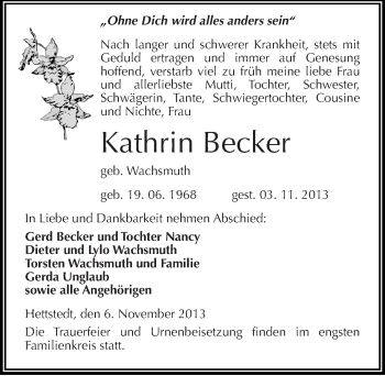 Traueranzeige von Kathrin Becker von Mitteldeutsche Zeitung Mansfelder Land