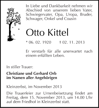 Traueranzeige von Otto Kittel von Mitteldeutsche Zeitung Köthen