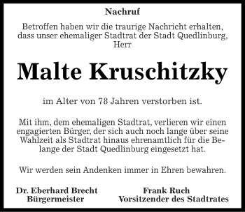 Traueranzeige von Malte Kruschitzky von Mitteldeutsche Zeitung Quedlinburg