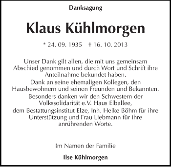Traueranzeige von Klaus Kühlmorgen von Mitteldeutsche Zeitung Dessau-Roßlau