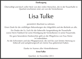 Traueranzeige von Lisa Tulke von Mitteldeutsche Zeitung Merseburg/Querfurt