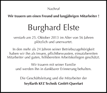 Traueranzeige von Burghard Elste von Mitteldeutsche Zeitung Merseburg/Querfurt