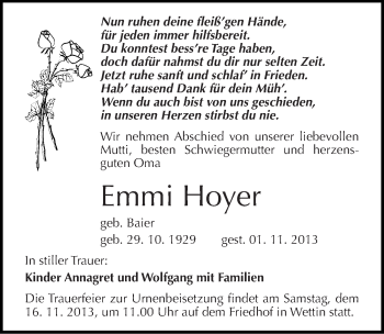 Traueranzeige von Emmi Hoyer von Mitteldeutsche Zeitung Halle/Saalkreis