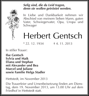 Traueranzeige von Herbert Gentsch von Mitteldeutsche Zeitung Mansfelder Land