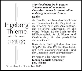Traueranzeige von Ingeborg Thieme von Mitteldeutsche Zeitung Merseburg/Querfurt