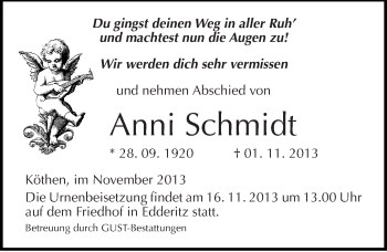 Traueranzeige von Anni Schmidt von Mitteldeutsche Zeitung Köthen