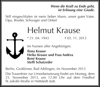 Traueranzeige von Helmut Krause von Mitteldeutsche Zeitung Mansfelder Land
