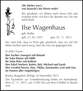 Traueranzeige von Ilse Wagenhaus von Mitteldeutsche Zeitung Naumburg/Nebra