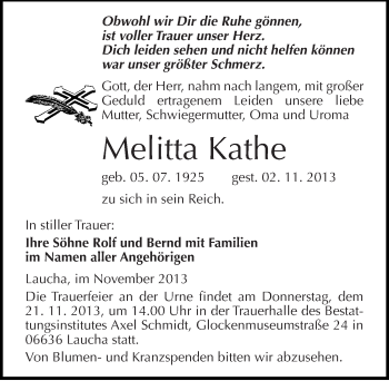 Traueranzeige von Melitta Kathe von Mitteldeutsche Zeitung Naumburg/Nebra