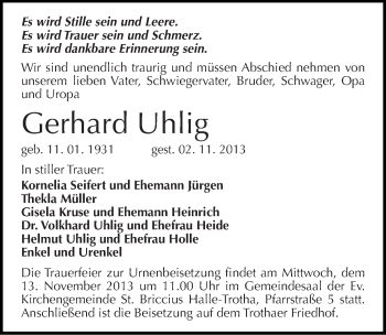 Traueranzeige von Gerhard Uhlig von Mitteldeutsche Zeitung Halle/Saalkreis