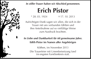 Traueranzeige von Erich Pistor von Mitteldeutsche Zeitung Köthen