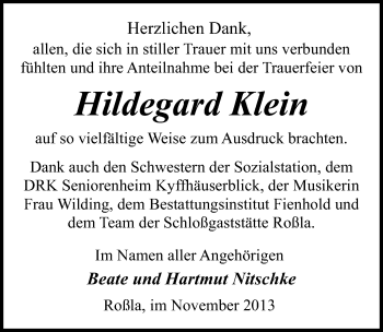 Traueranzeige von Hildegard Klein von Mitteldeutsche Zeitung Sangerhausen