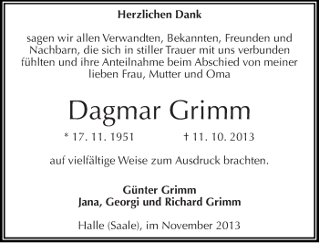 Traueranzeige von Dagmar Grimm von Mitteldeutsche Zeitung Halle/Saalkreis