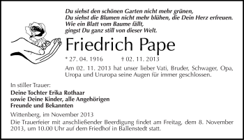 Traueranzeige von Friedrich Pape von Mitteldeutsche Zeitung