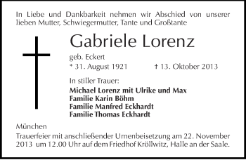 Traueranzeige von Gabriele Lorenz von Mitteldeutsche Zeitung Halle/Saalkreis