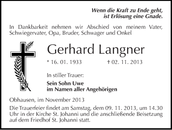 Traueranzeige von Gerhard Langner von Mitteldeutsche Zeitung Merseburg/Querfurt
